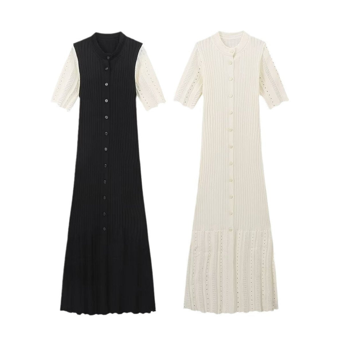 Women's Maxi Knit Dress with High Side Slit | Short Sleeves and Button Placket Neckline | Sizes S-L, 2 Colors