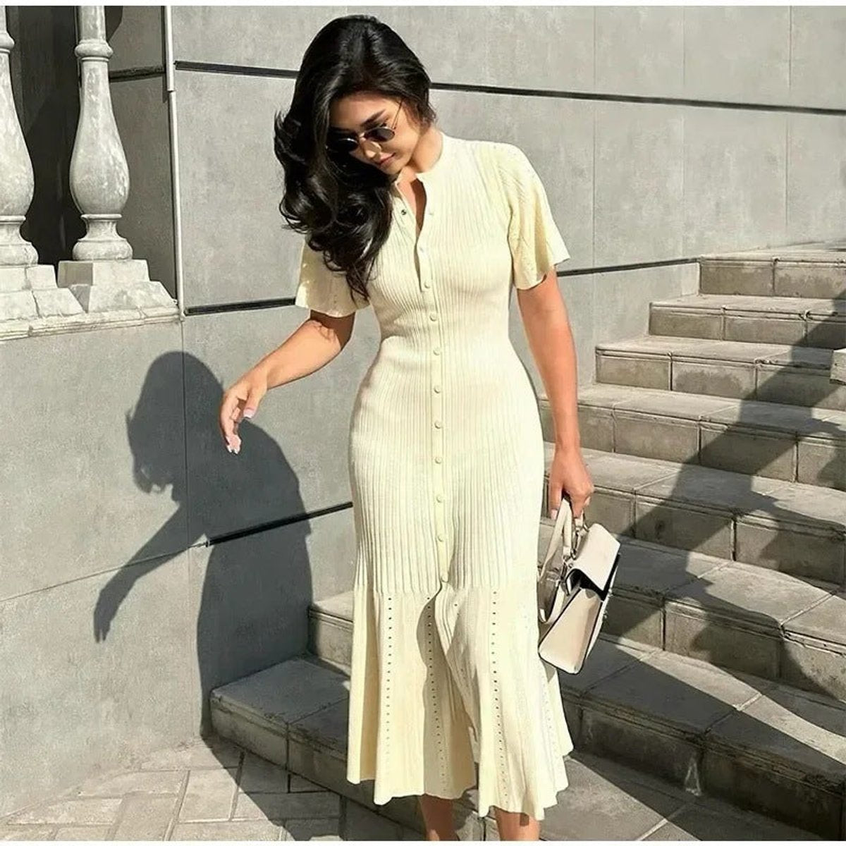 Women's Maxi Knit Dress with High Side Slit | Short Sleeves and Button Placket Neckline | Sizes S-L, 2 Colors