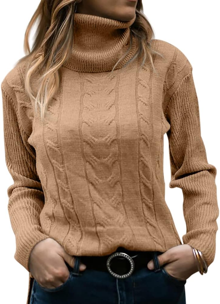 Women's Cable Knit Turtleneck Sweater with Ribbed Cuffs | Relaxed Fit Roll Neck Winter Pullover | Size S-2XL