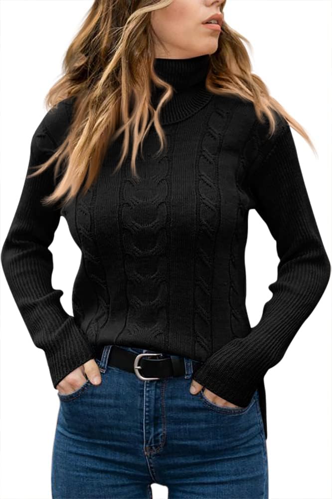 Women's Cable Knit Turtleneck Sweater with Ribbed Cuffs | Relaxed Fit Roll Neck Winter Pullover | Size S-2XL