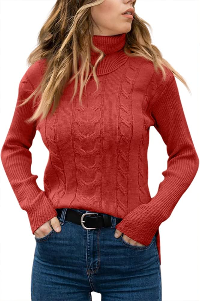 Women's Cable Knit Turtleneck Sweater with Ribbed Cuffs | Relaxed Fit Roll Neck Winter Pullover | Size S-2XL