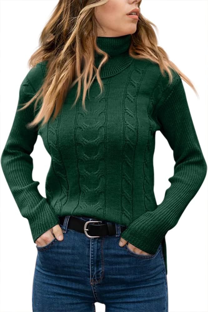 Women's Cable Knit Turtleneck Sweater with Ribbed Cuffs | Relaxed Fit Roll Neck Winter Pullover | Size S-2XL