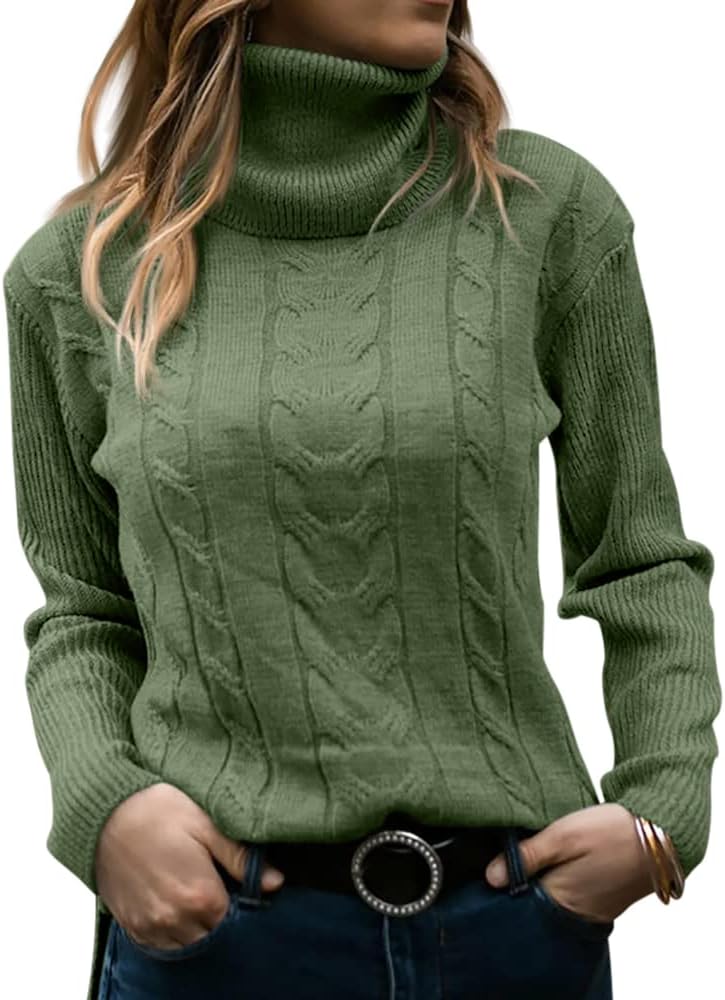 Women's Cable Knit Turtleneck Sweater with Ribbed Cuffs | Relaxed Fit Roll Neck Winter Pullover | Size S-2XL
