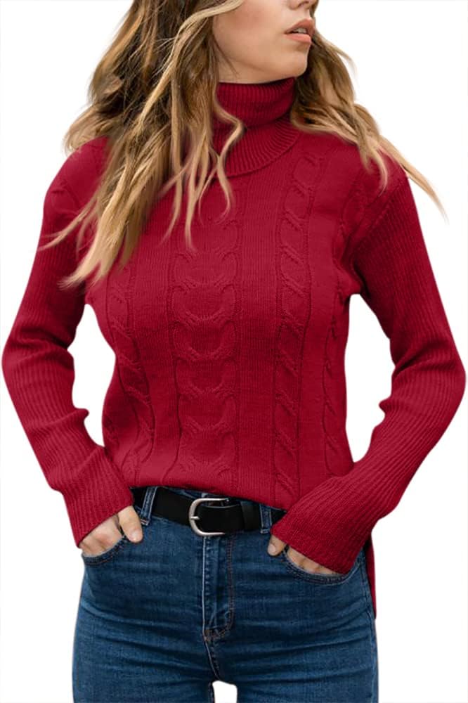Women's Cable Knit Turtleneck Sweater with Ribbed Cuffs | Relaxed Fit Roll Neck Winter Pullover | Size S-2XL
