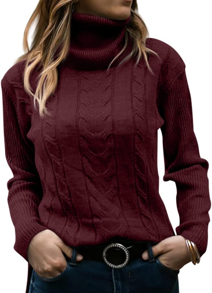 Women's Cable Knit Turtleneck Sweater with Ribbed Cuffs | Relaxed Fit Roll Neck Winter Pullover | Size S-2XL
