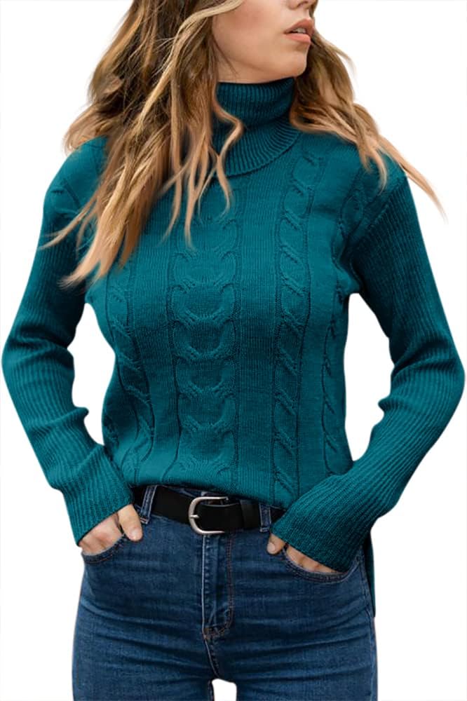 Women's Cable Knit Turtleneck Sweater with Ribbed Cuffs | Relaxed Fit Roll Neck Winter Pullover | Size S-2XL