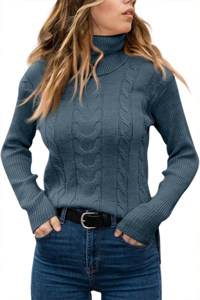Women's Cable Knit Turtleneck Sweater with Ribbed Cuffs | Relaxed Fit Roll Neck Winter Pullover | Size S-2XL
