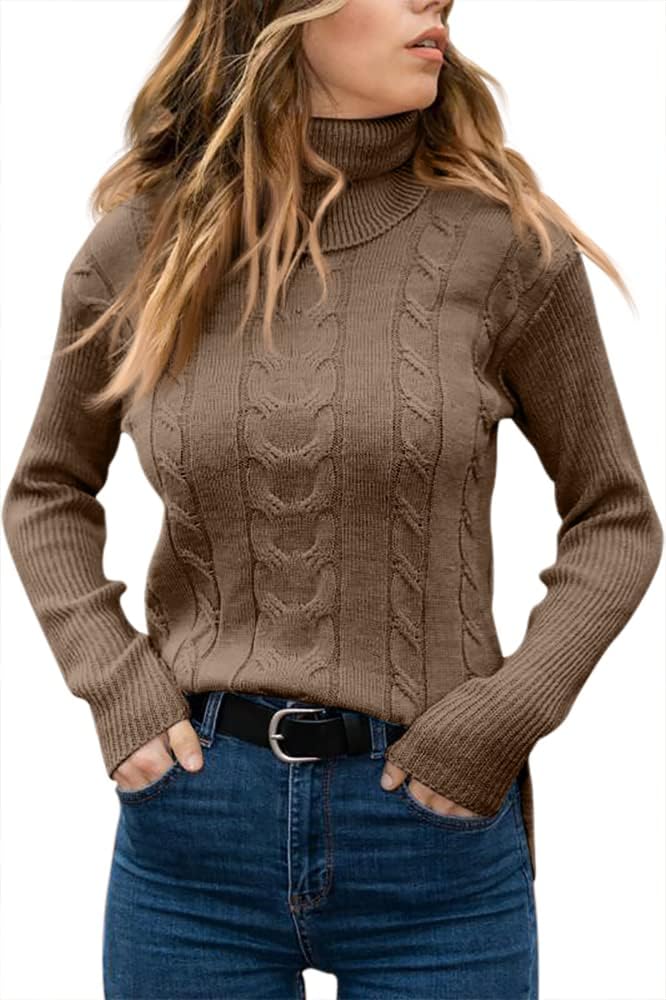 Women's Cable Knit Turtleneck Sweater with Ribbed Cuffs | Relaxed Fit Roll Neck Winter Pullover | Size S-2XL