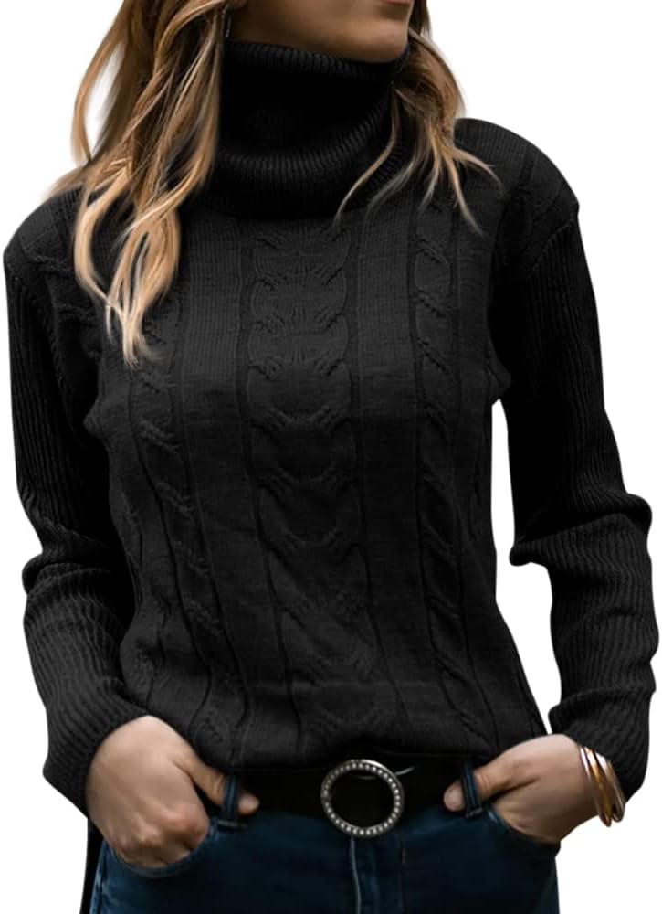 Women's Cable Knit Turtleneck Sweater with Ribbed Cuffs | Relaxed Fit Roll Neck Winter Pullover | Size S-2XL