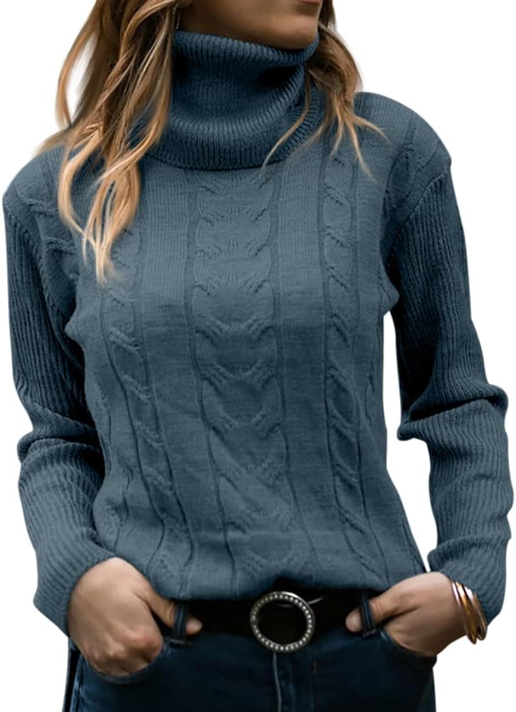 Women's Cable Knit Turtleneck Sweater with Ribbed Cuffs | Relaxed Fit Roll Neck Winter Pullover | Size S-2XL