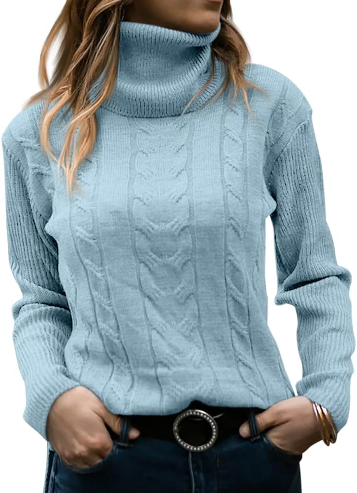 Women's Cable Knit Turtleneck Sweater with Ribbed Cuffs | Relaxed Fit Roll Neck Winter Pullover | Size S-2XL