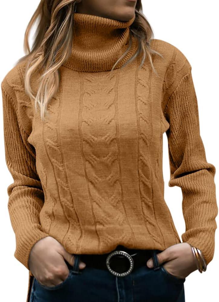 Women's Cable Knit Turtleneck Sweater with Ribbed Cuffs | Relaxed Fit Roll Neck Winter Pullover | Size S-2XL