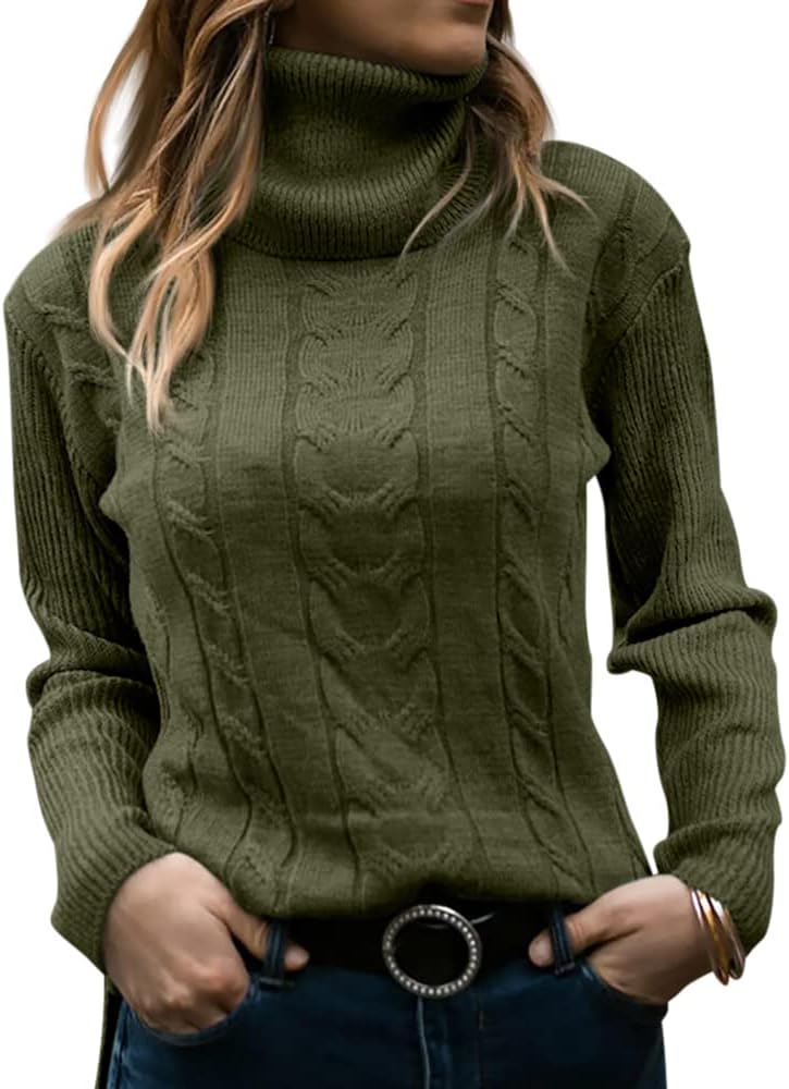 Women's Cable Knit Turtleneck Sweater with Ribbed Cuffs | Relaxed Fit Roll Neck Winter Pullover | Size S-2XL