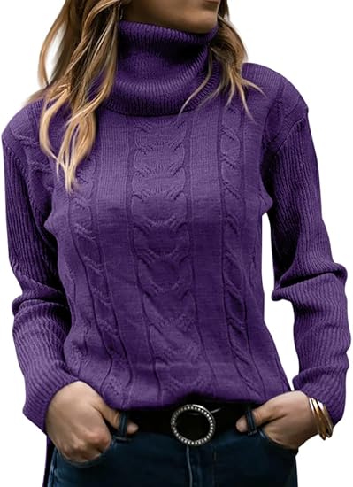 Women's Cable Knit Turtleneck Sweater with Ribbed Cuffs | Relaxed Fit Roll Neck Winter Pullover | Size S-2XL