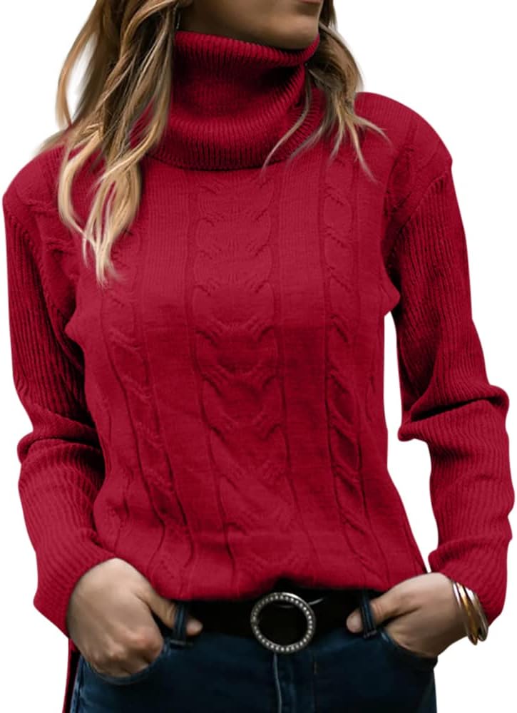 Women's Cable Knit Turtleneck Sweater with Ribbed Cuffs | Relaxed Fit Roll Neck Winter Pullover | Size S-2XL
