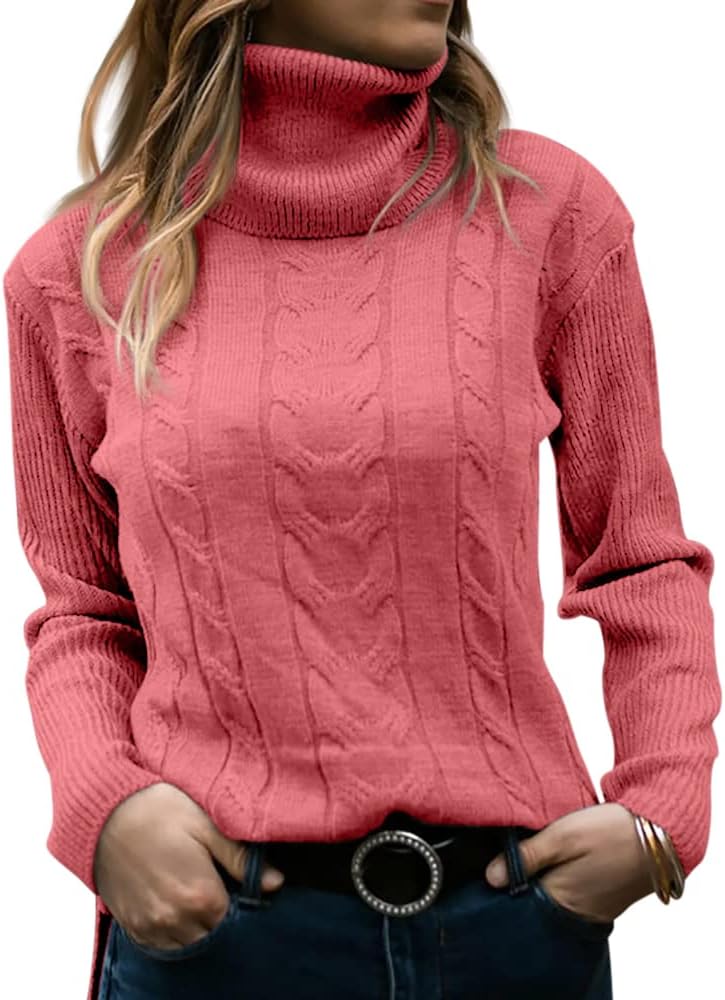 Women's Cable Knit Turtleneck Sweater with Ribbed Cuffs | Relaxed Fit Roll Neck Winter Pullover | Size S-2XL