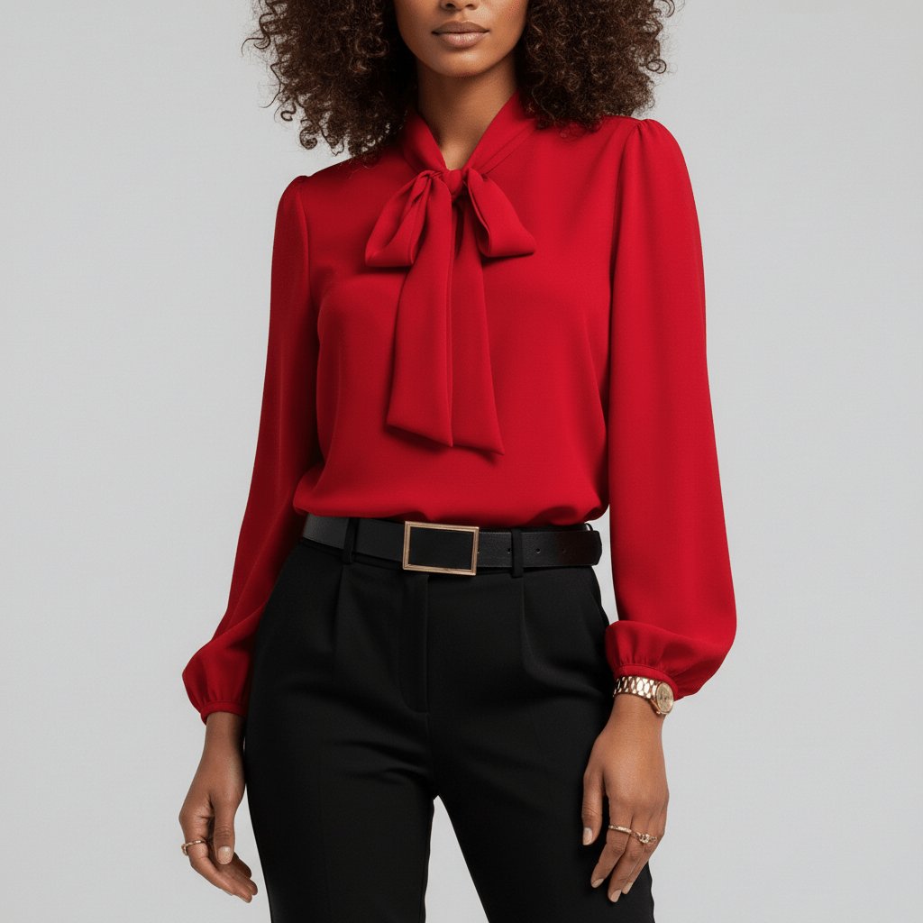 Women's Bow Tie Neck Long Sleeve Blouse | Self-Tie Neckline, Puffed Sleeves, Gathered Cuffs, Fluid Fit | 4 Colors