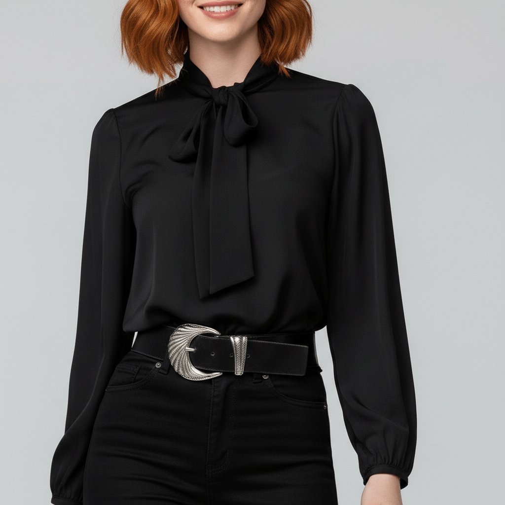 Women's Bow Tie Neck Long Sleeve Blouse | Self-Tie Neckline, Puffed Sleeves, Gathered Cuffs, Fluid Fit | 4 Colors