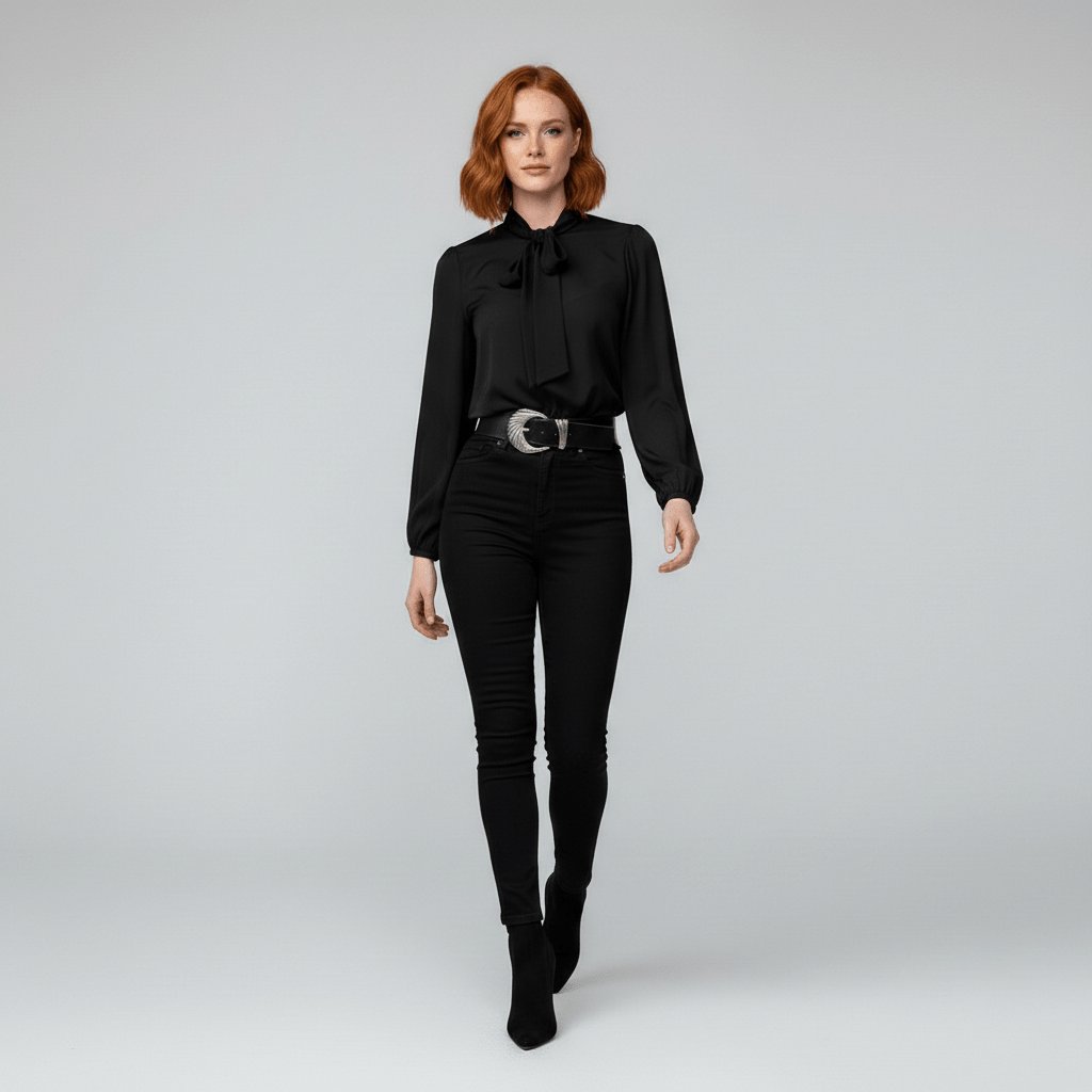 Women's Bow Tie Neck Long Sleeve Blouse | Self-Tie Neckline, Puffed Sleeves, Gathered Cuffs, Fluid Fit | 4 Colors