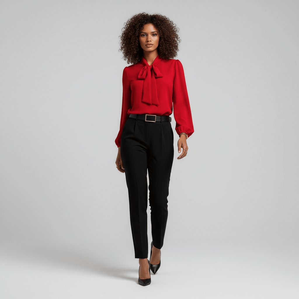 Women's Bow Tie Neck Long Sleeve Blouse | Self-Tie Neckline, Puffed Sleeves, Gathered Cuffs, Fluid Fit | 4 Colors