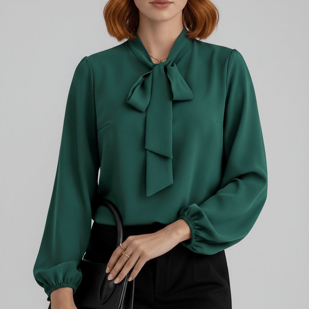 Women's Bow Tie Neck Long Sleeve Blouse | Self-Tie Neckline, Puffed Sleeves, Gathered Cuffs, Fluid Fit | 4 Colors