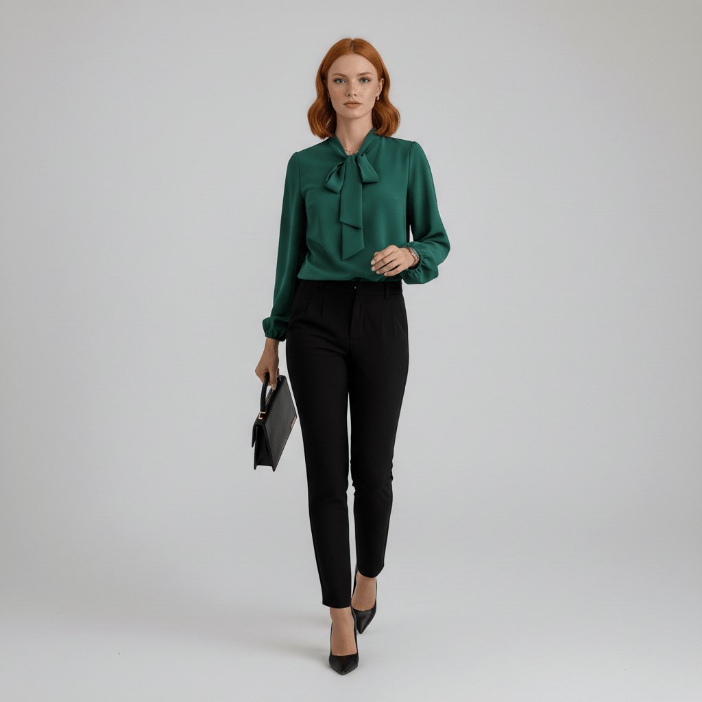 Women's Bow Tie Neck Long Sleeve Blouse | Self-Tie Neckline, Puffed Sleeves, Gathered Cuffs, Fluid Fit | 4 Colors