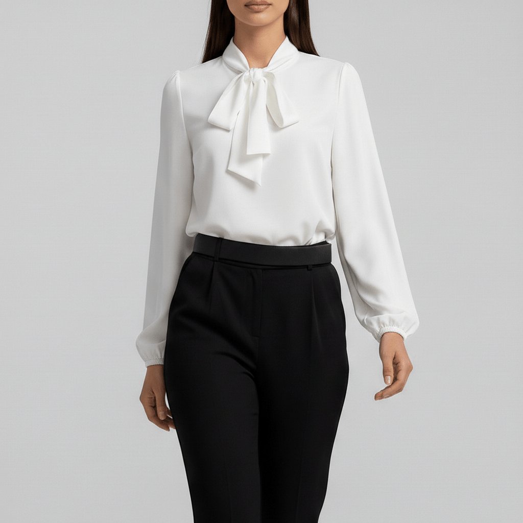 Women's Bow Tie Neck Long Sleeve Blouse | Self-Tie Neckline, Puffed Sleeves, Gathered Cuffs, Fluid Fit | 4 Colors