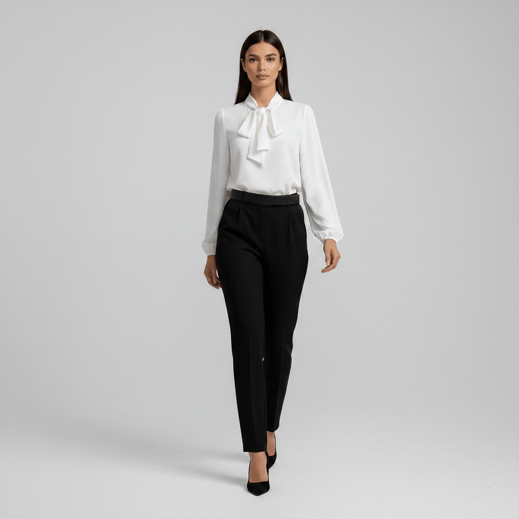 Women's Bow Tie Neck Long Sleeve Blouse | Self-Tie Neckline, Puffed Sleeves, Gathered Cuffs, Fluid Fit | 4 Colors