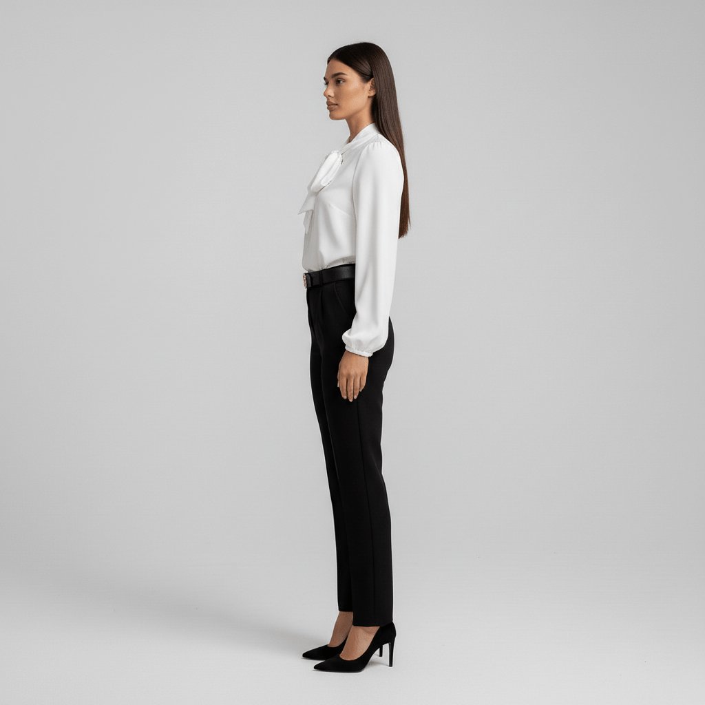 Women's Bow Tie Neck Long Sleeve Blouse | Self-Tie Neckline, Puffed Sleeves, Gathered Cuffs, Fluid Fit | 4 Colors