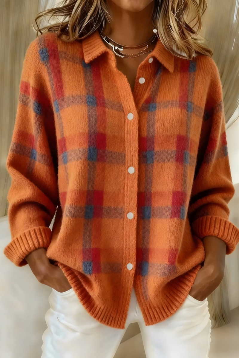 Women's Plaid Button-Up Sweater Cardigan | Check Pattern, Ribbed Cuffs and Collar, Relaxed Fit | Sizes S-5XL