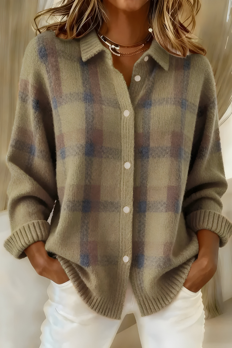 Women's Plaid Button-Up Sweater Cardigan | Check Pattern, Ribbed Cuffs and Collar, Relaxed Fit | Sizes S-5XL