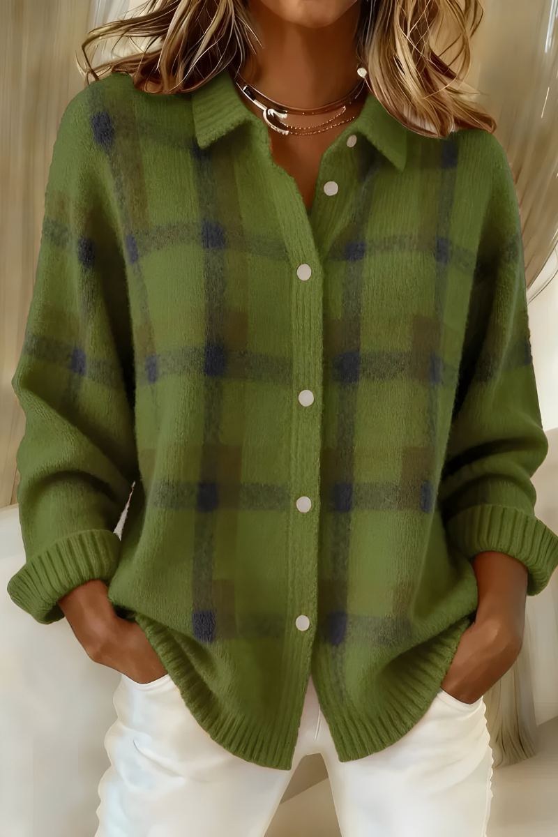 Women's Plaid Button-Up Sweater Cardigan | Check Pattern, Ribbed Cuffs and Collar, Relaxed Fit | Sizes S-5XL