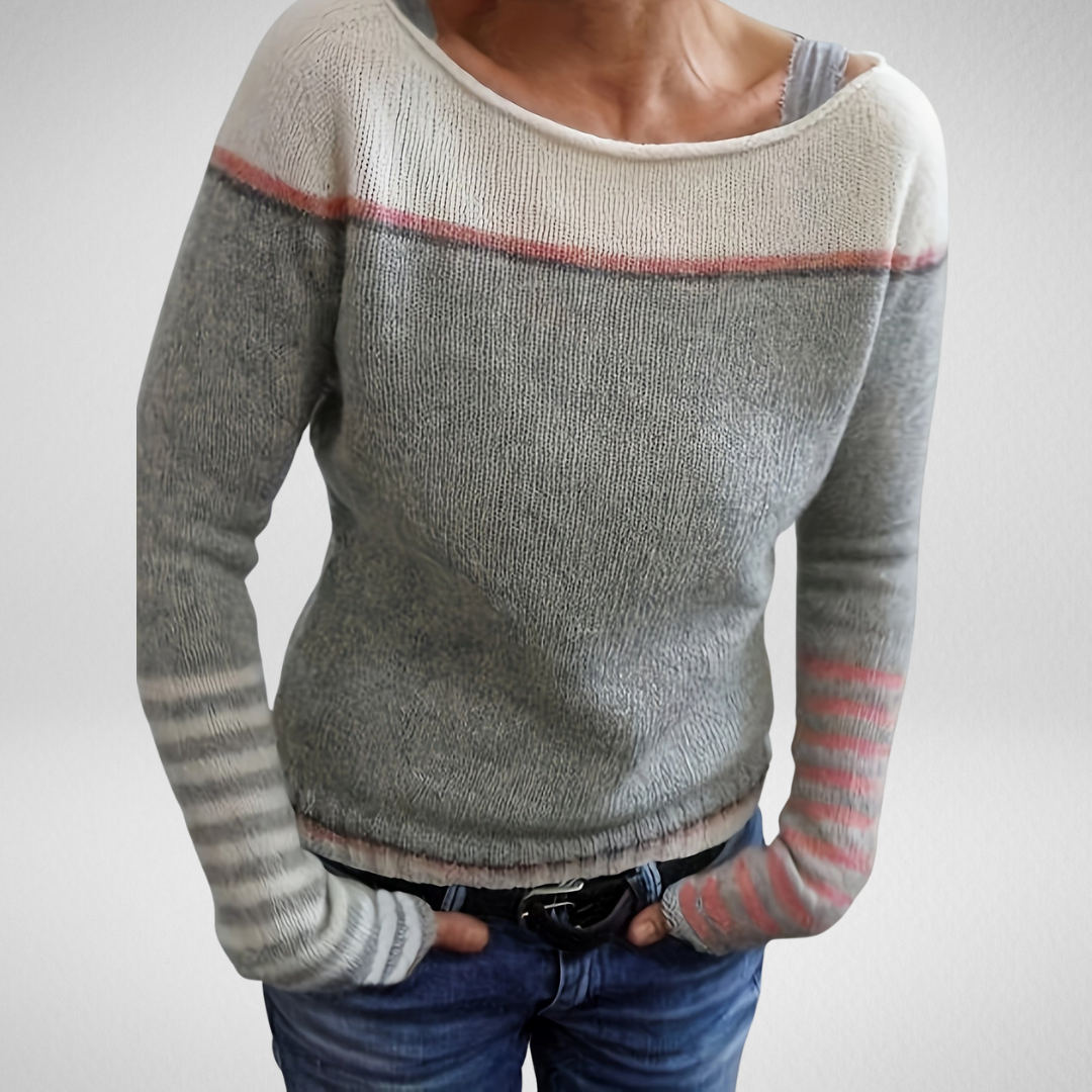 Women's Striped Boat Neck Knit Sweater | Tonal Stripe Detail, Matching Striped Cuffs, Relaxed Fit | Sizes S-3XL