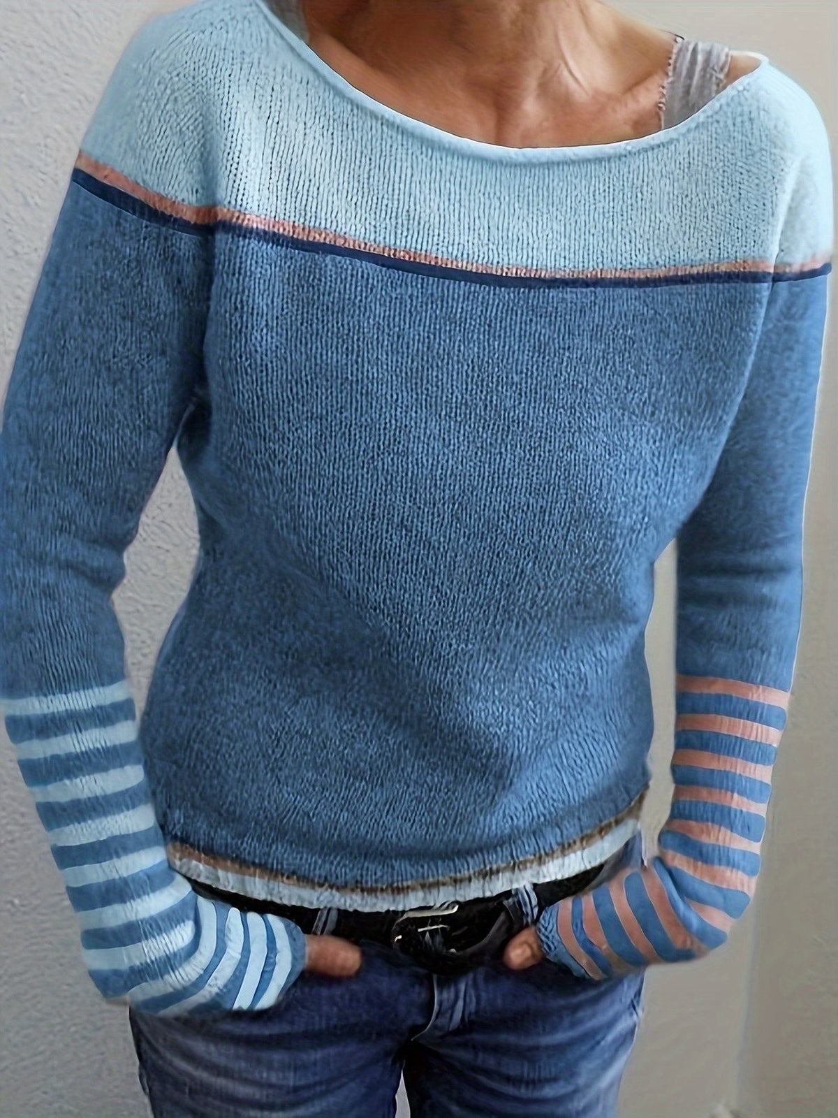 Women's Striped Boat Neck Knit Sweater | Tonal Stripe Detail, Matching Striped Cuffs, Relaxed Fit | Sizes S-3XL