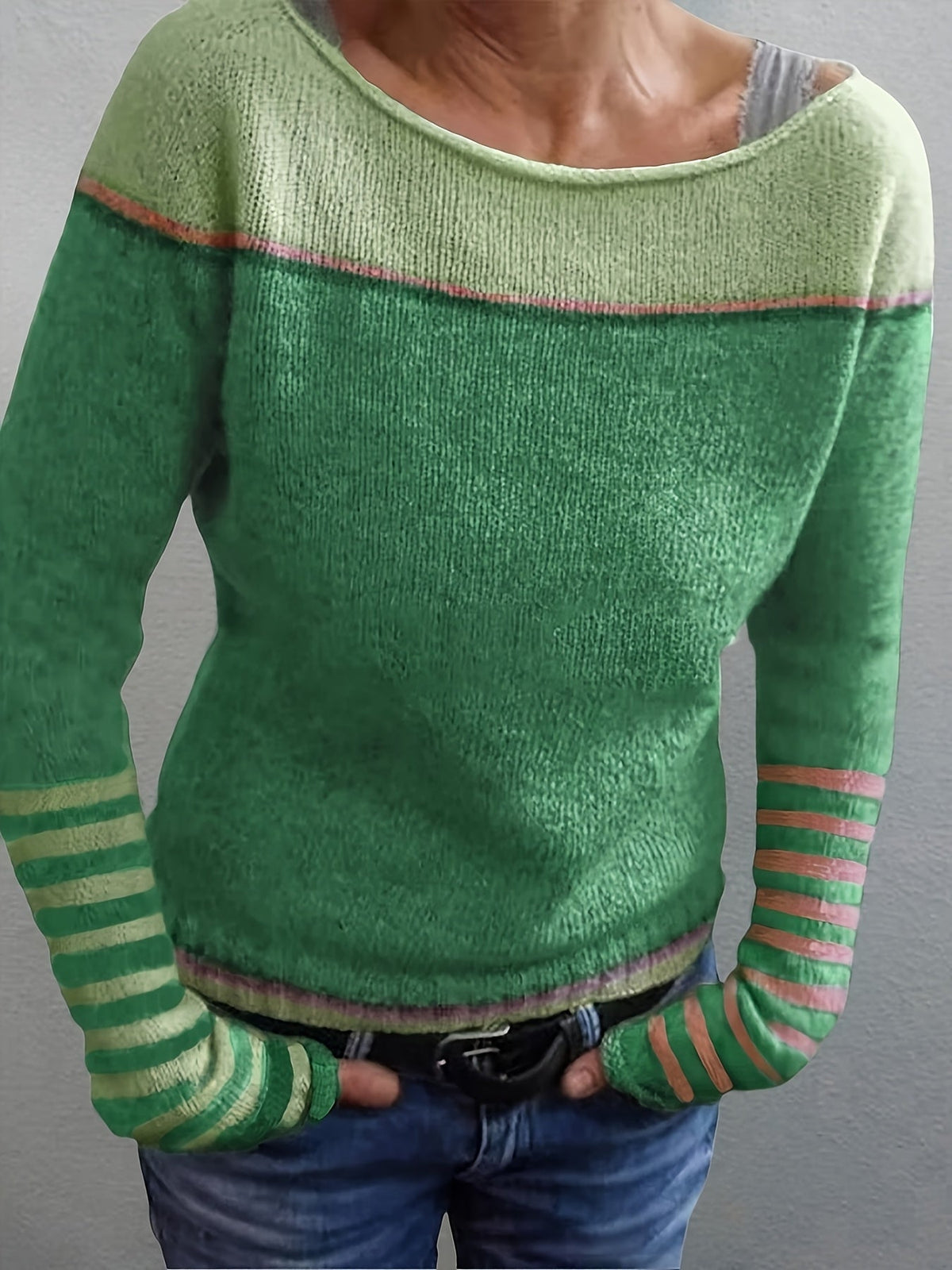 Women's Striped Boat Neck Knit Sweater | Tonal Stripe Detail, Matching Striped Cuffs, Relaxed Fit | Sizes S-3XL