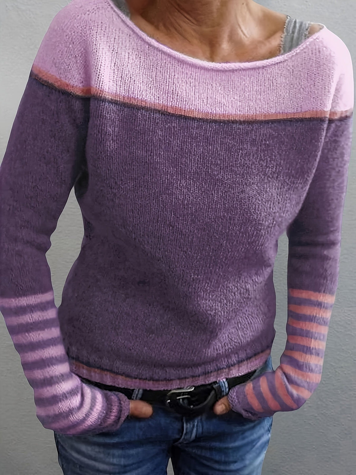 Women's Striped Boat Neck Knit Sweater | Tonal Stripe Detail, Matching Striped Cuffs, Relaxed Fit | Sizes S-3XL