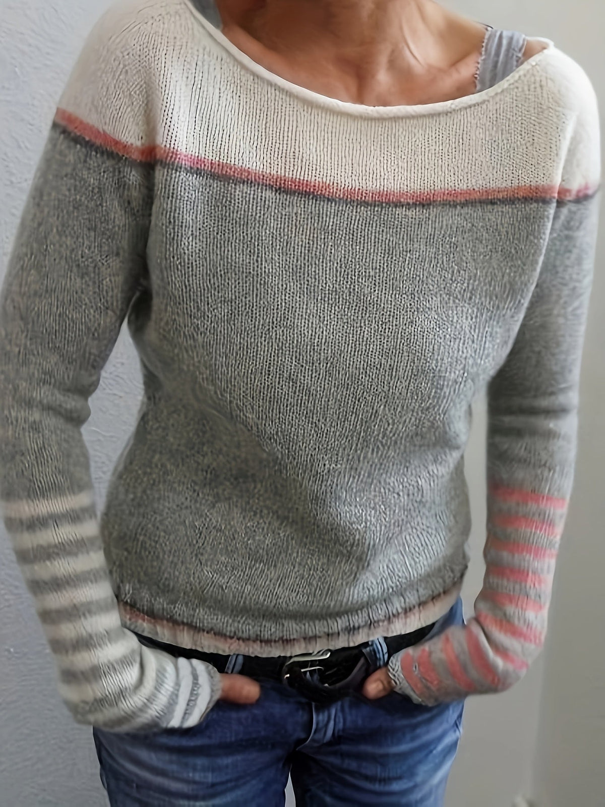 Women's Striped Boat Neck Knit Sweater | Tonal Stripe Detail, Matching Striped Cuffs, Relaxed Fit | Sizes S-3XL