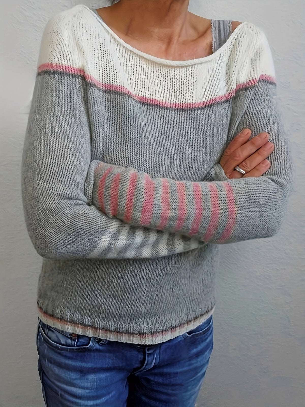 Women's Striped Boat Neck Knit Sweater | Tonal Stripe Detail, Matching Striped Cuffs, Relaxed Fit | Sizes S-3XL