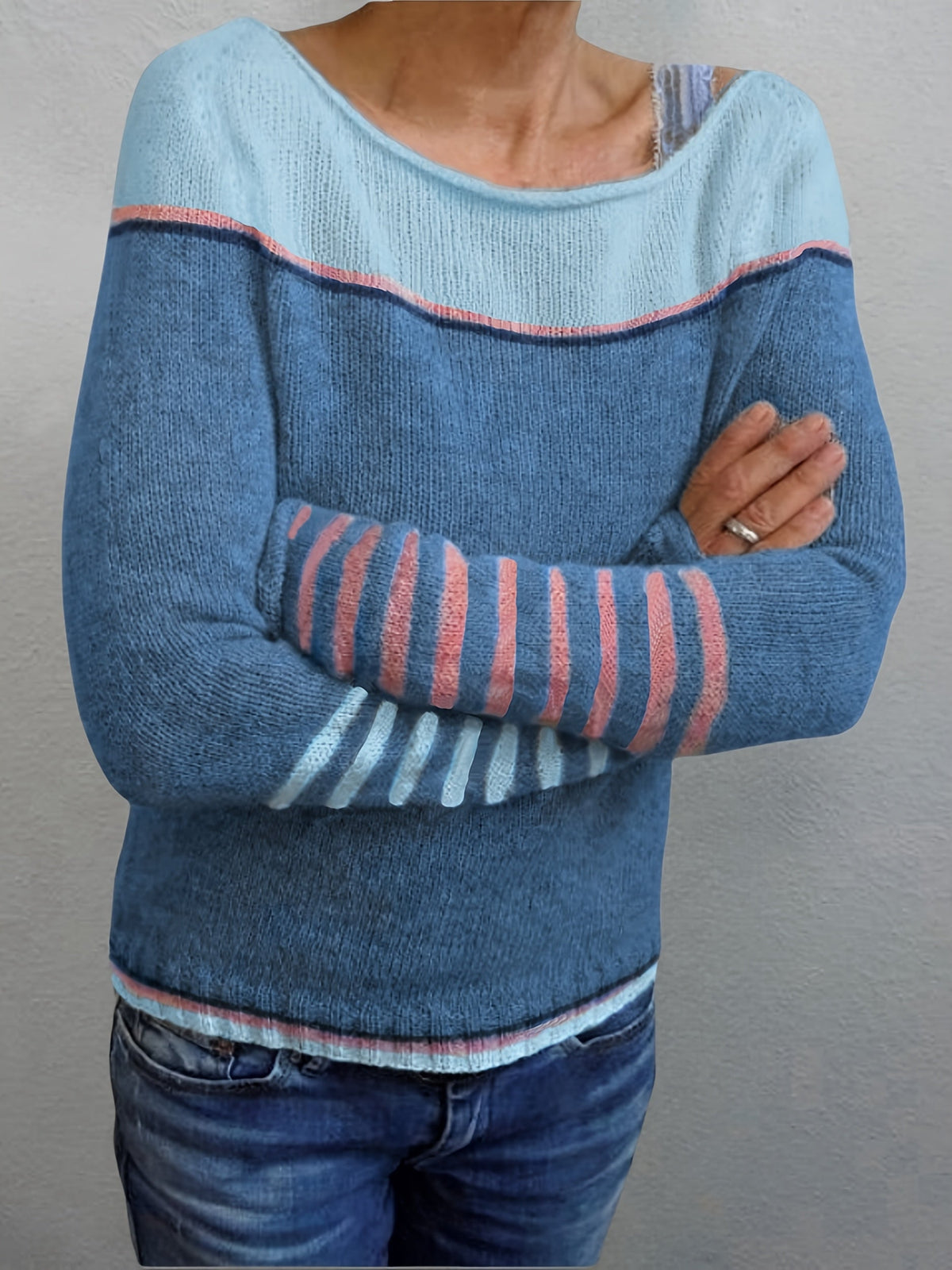 Women's Striped Boat Neck Knit Sweater | Tonal Stripe Detail, Matching Striped Cuffs, Relaxed Fit | Sizes S-3XL