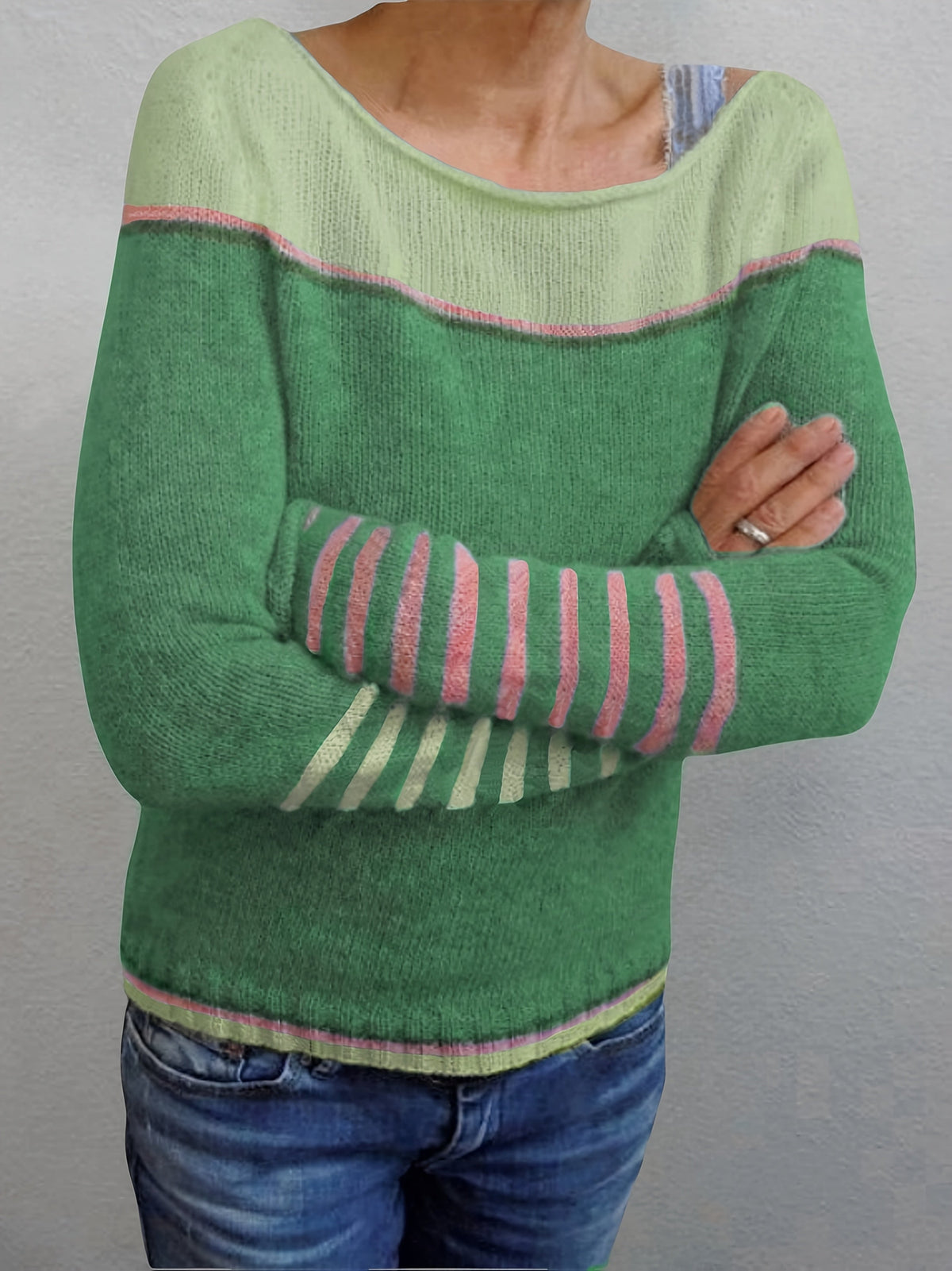 Women's Striped Boat Neck Knit Sweater | Tonal Stripe Detail, Matching Striped Cuffs, Relaxed Fit | Sizes S-3XL
