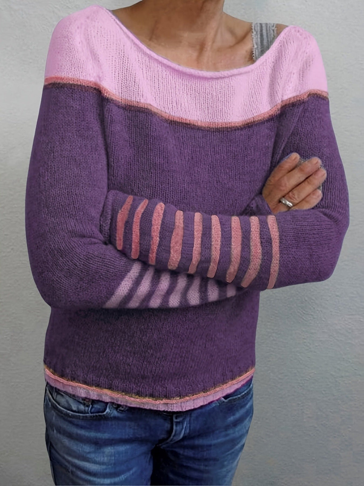 Women's Striped Boat Neck Knit Sweater | Tonal Stripe Detail, Matching Striped Cuffs, Relaxed Fit | Sizes S-3XL