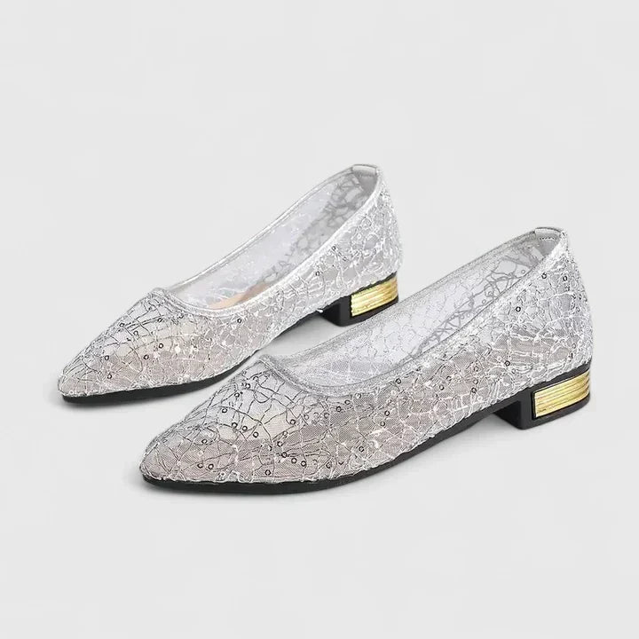 Women's Pointed Toe Ballet Flats with Stud Detail | Easy Slip On Fit, Low Heel | Size 5.5-11, Grey or Gold