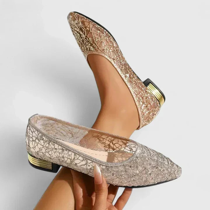 Women's Pointed Toe Ballet Flats with Stud Detail | Easy Slip On Fit, Low Heel | Size 5.5-11, Grey or Gold