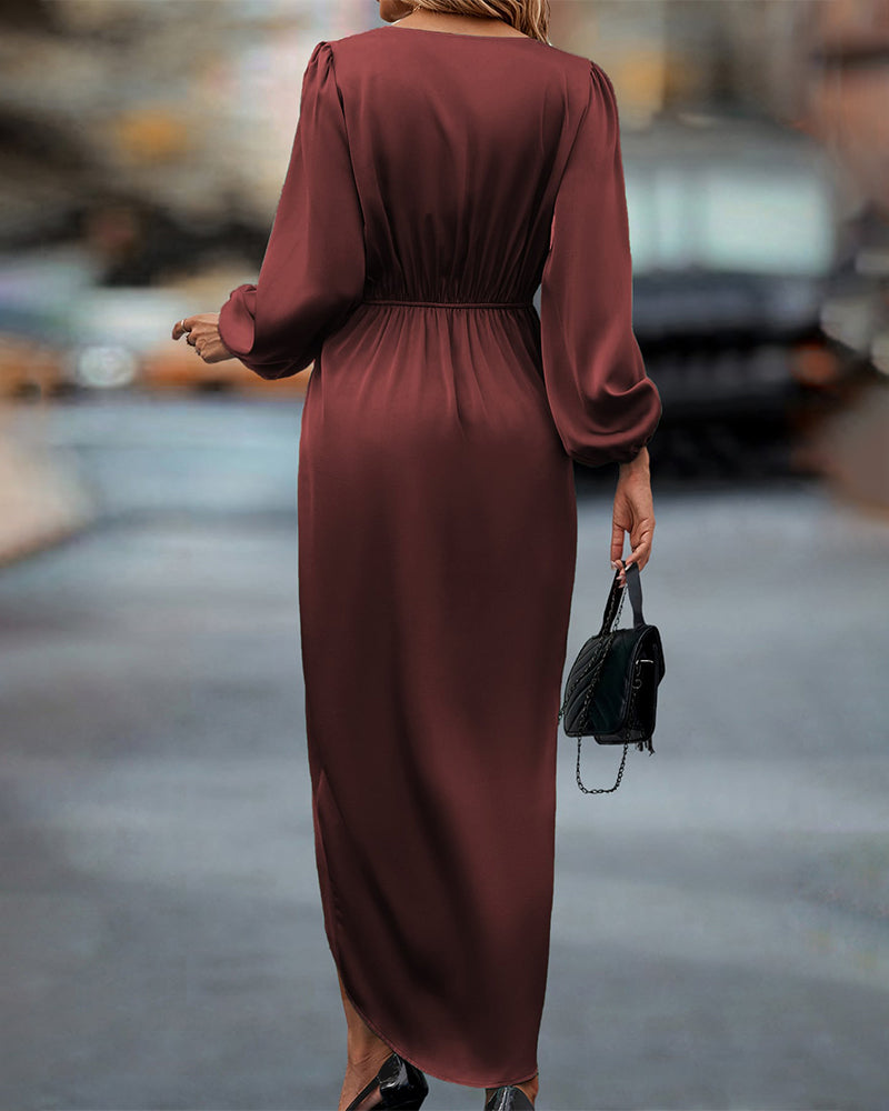 Women's Midi Wrap Dress with an Adjustable Waist Belt | V Neck and Long Sleeves in Burgundy | Size XS-2XL