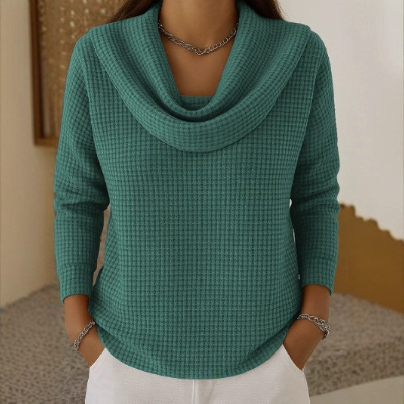 Women's Cowl Neck Waffle Knit Sweater | Softly Draped Neckline, Textured Waffle Stitch, Relaxed Fit | 5 Colors