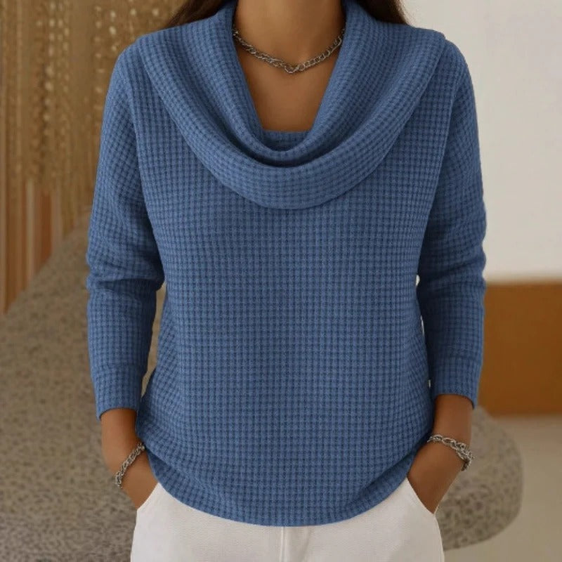 Women's Cowl Neck Waffle Knit Sweater | Softly Draped Neckline, Textured Waffle Stitch, Relaxed Fit | 5 Colors