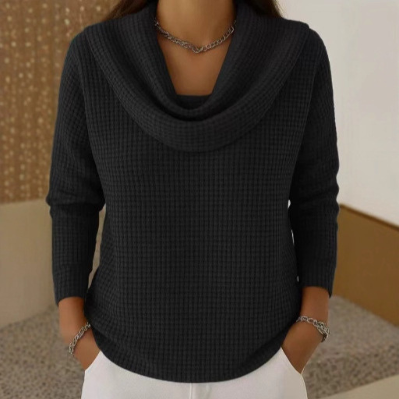 Women's Cowl Neck Waffle Knit Sweater | Softly Draped Neckline, Textured Waffle Stitch, Relaxed Fit | 5 Colors