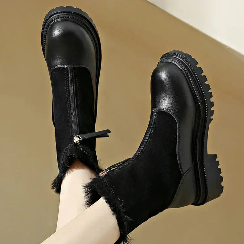 Women's Faux Fur-Lined Winter Boots | Front Zip, Chunky Lug Sole, Mixed Panel Upper | US 5.5-12 | 2 Colors