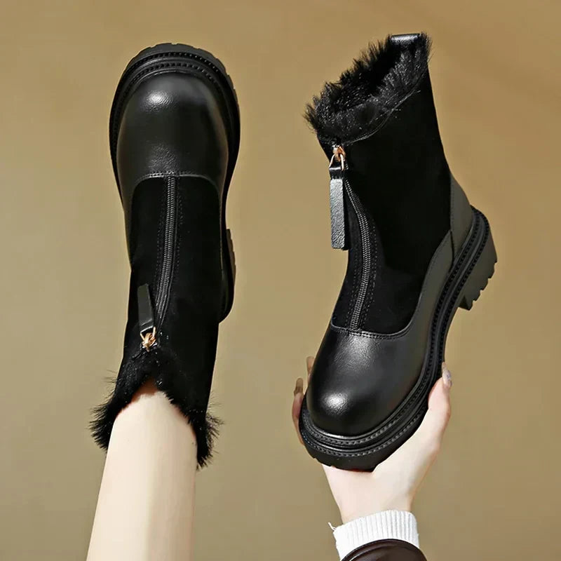 Women's Faux Fur-Lined Winter Boots | Front Zip, Chunky Lug Sole, Mixed Panel Upper | US 5.5-12 | 2 Colors