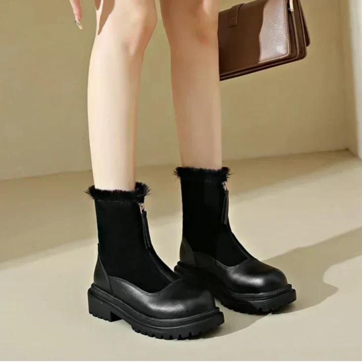 Women's Faux Fur-Lined Winter Boots | Front Zip, Chunky Lug Sole, Mixed Panel Upper | US 5.5-12 | 2 Colors